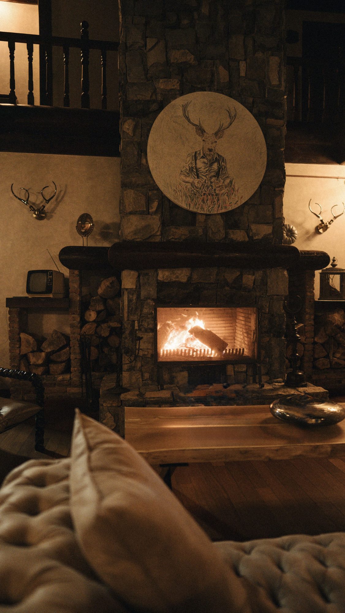 Salon de chalet au coin du feu à Megève